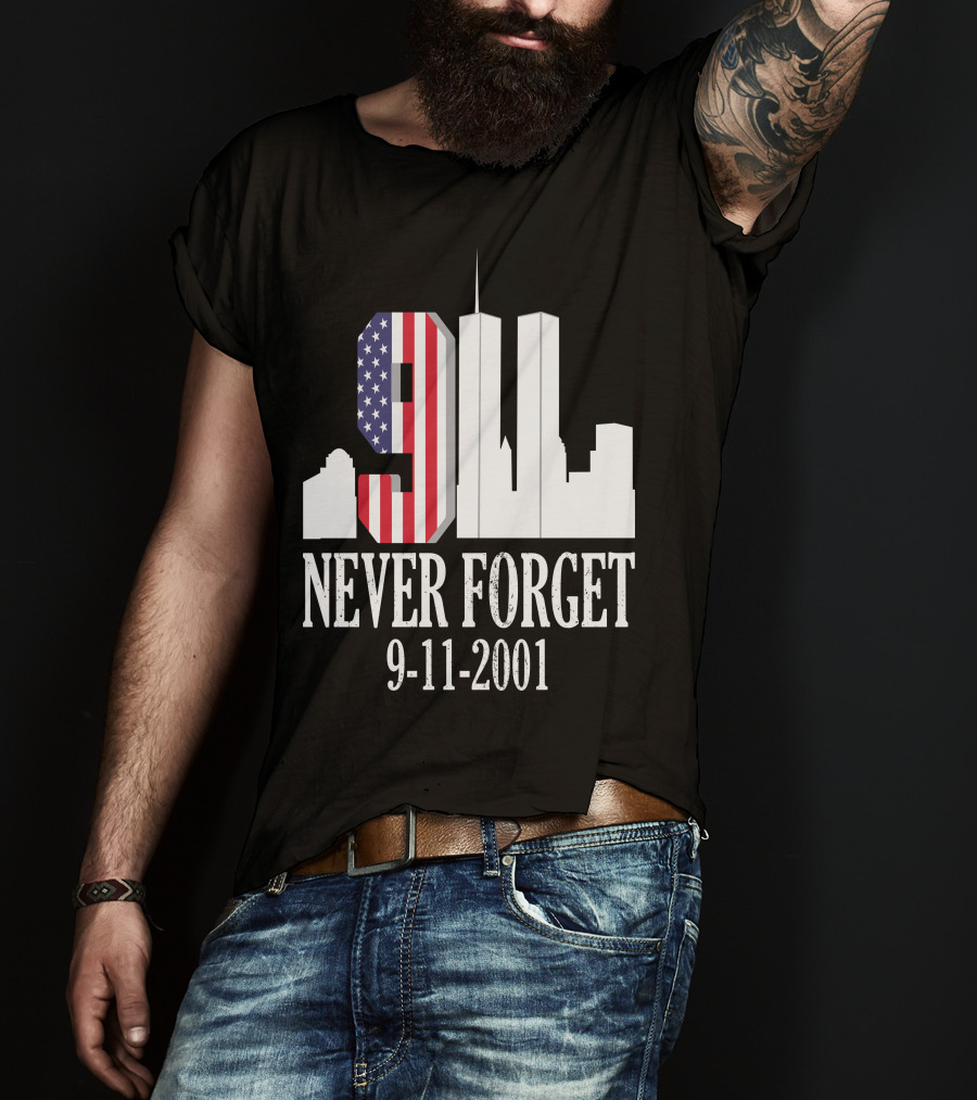 Never Forget 9-11-2001 American Flag Twin Towers Skyline T-Shirt