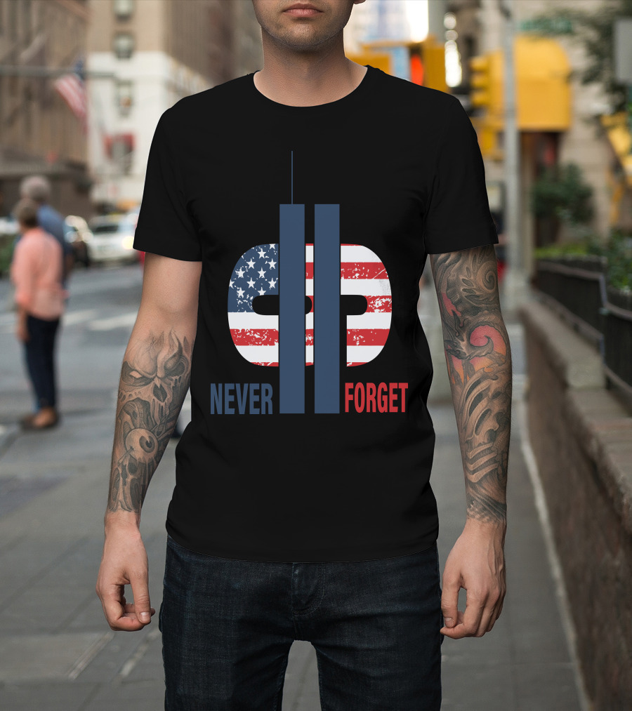 Never Forget 9.11 American Flag Tribute With Twin Towers Symbol T-Shirt
