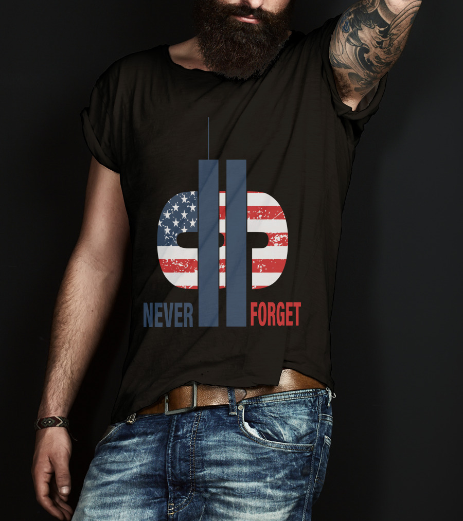 Never Forget 9.11 American Flag Tribute With Twin Towers Symbol T-Shirt