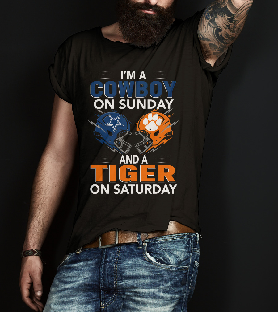 I'm A Cowboy On Sunday And A Tiger On Saturday Football Helmets Rivalry T-Shirt