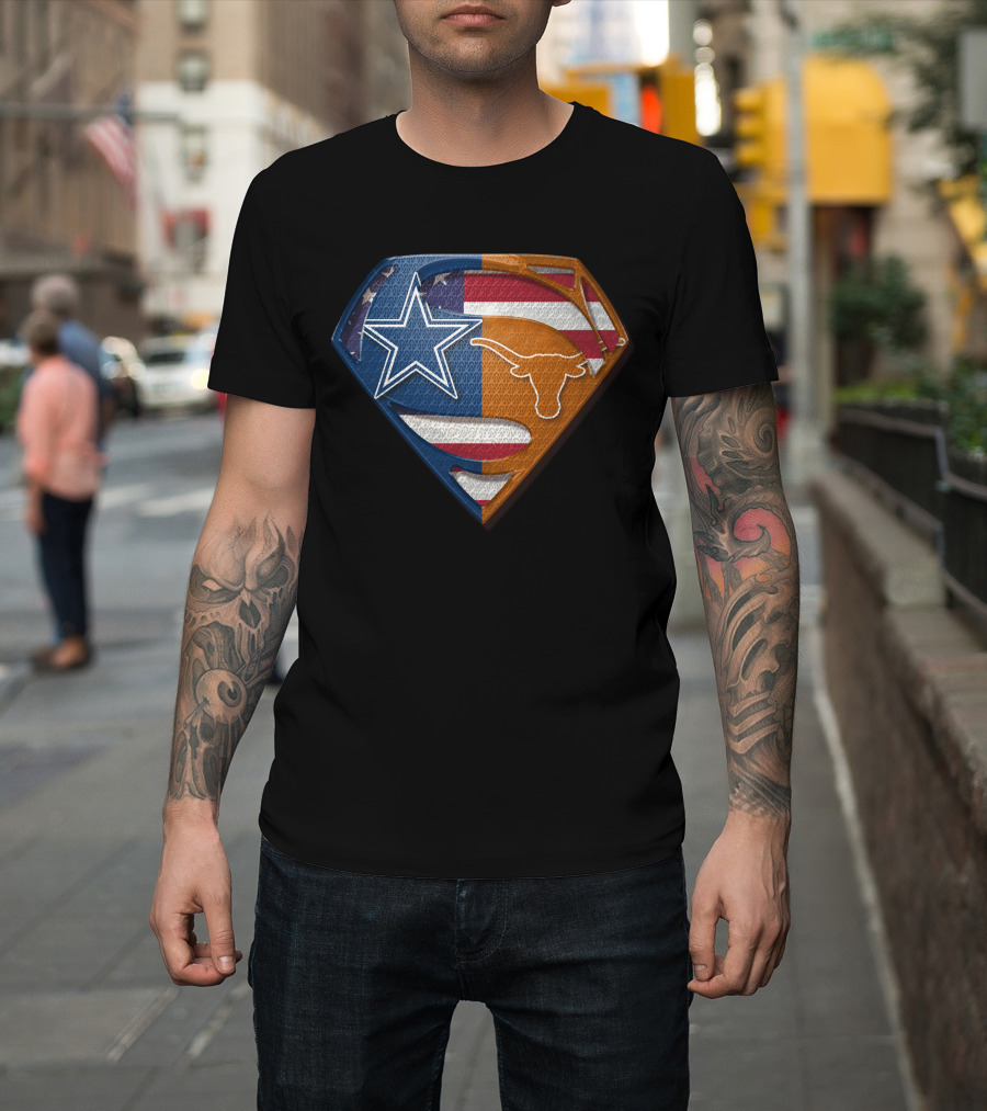 Dallas Cowboys Texas Longhorns Star And Longhorn Superman Shield Flag T-Shirt