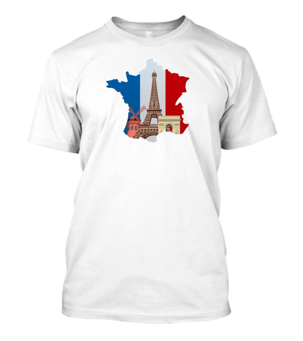 France Map With Eiffel Tower And Moulin Rouge On Tricolor Flag T-Shirt