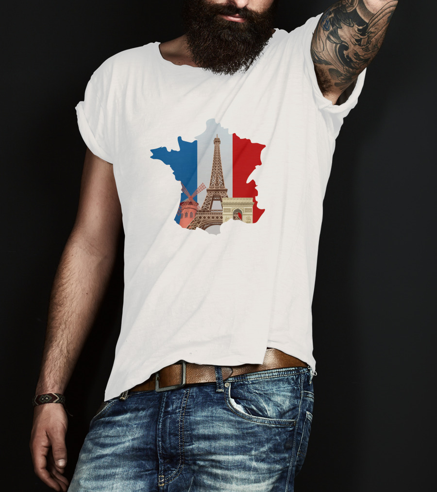 France Map With Eiffel Tower And Moulin Rouge On Tricolor Flag T-Shirt