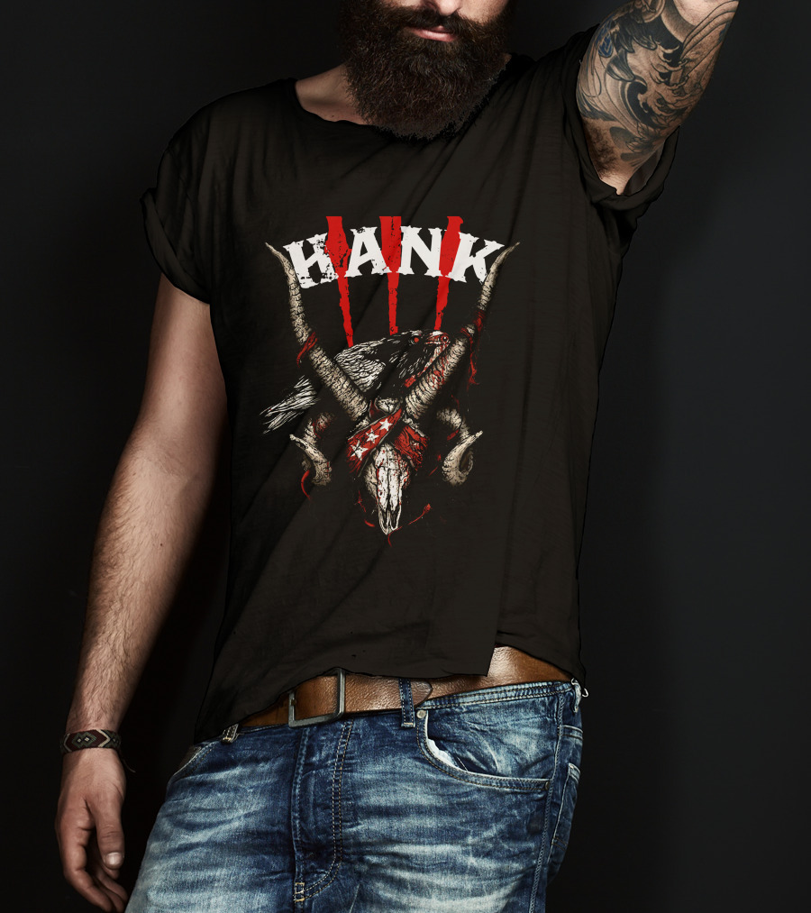 Hank III Bird Skull And Goat Horns Red Stripes T-Shirt