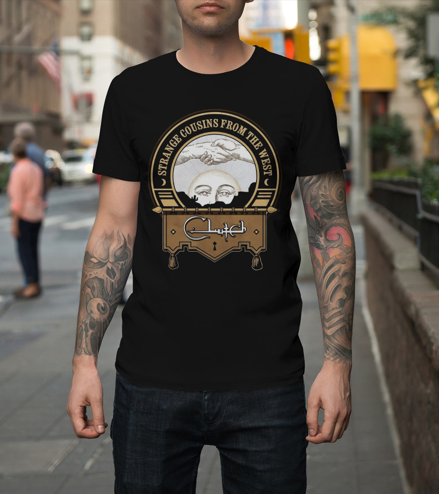 Strange Cousins From The West Clutch Album Art with Handshake and Sun Face T-Shirt