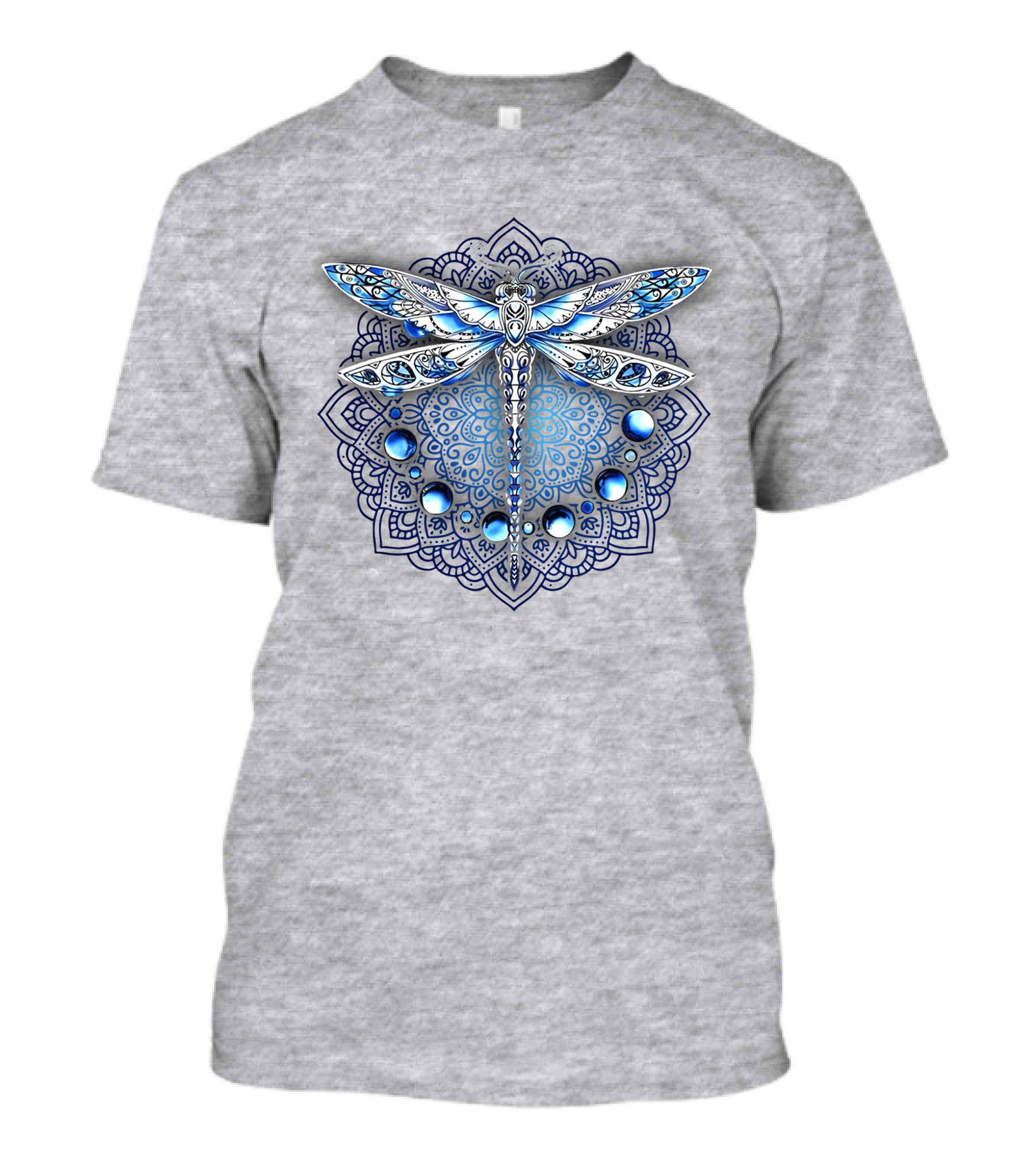 FLY GRADON Intricate Mandala Dragonfly Blue Gem Elements T-Shirt