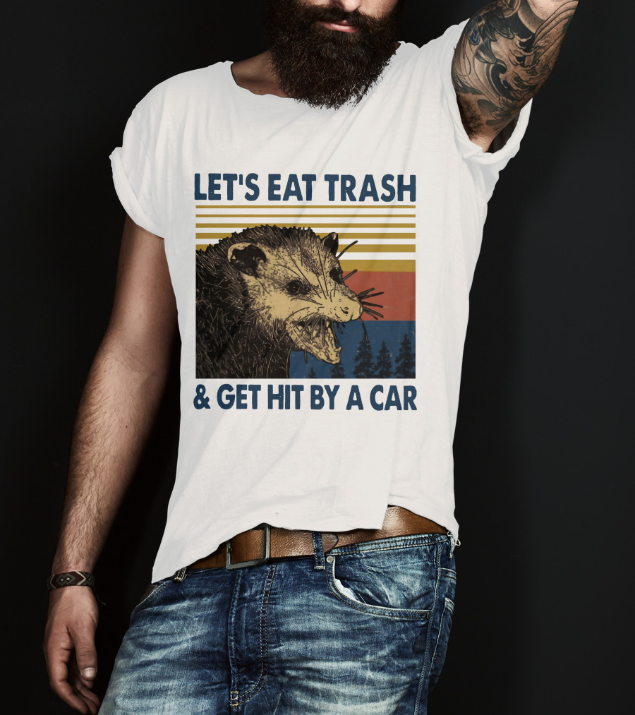 LET'S EAT TRASH And GET HIT BY A CAR Opossum Vintage Retro Stripe Forest T-Shirt