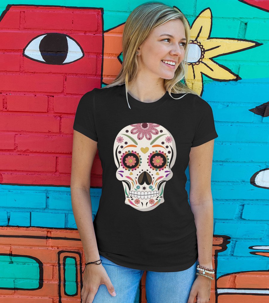 Day Of The Dead Bride Sugar Skull With Floral And Heart Motifs T-Shirt