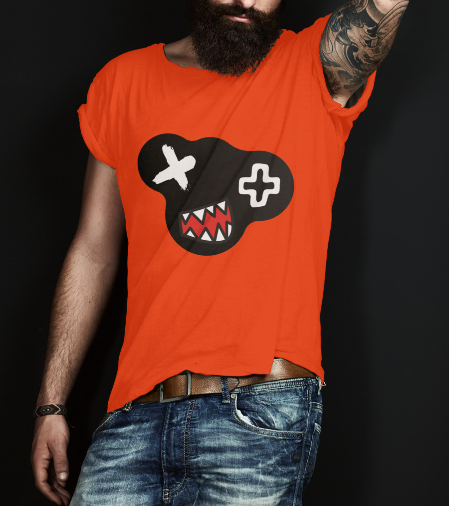 Monstrosity X Plus Mark Teeth Icon On Black Blob Shape T-Shirt