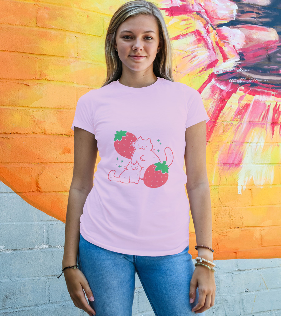 Crowlines Shop Strawberry Cat And Kitten With Stars And Strawberries T-Shirt