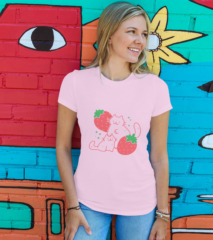 Crowlines Shop Strawberry Cat And Kitten With Stars And Strawberries T-Shirt