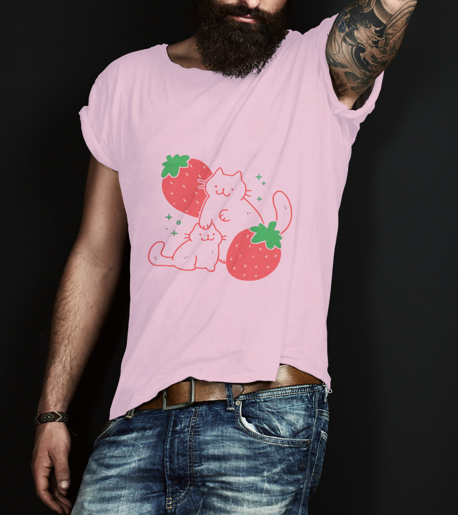 Crowlines Shop Strawberry Cat And Kitten With Stars And Strawberries T-Shirt