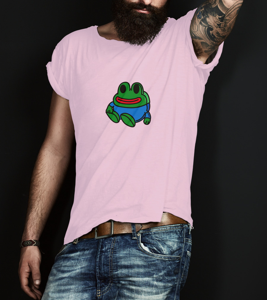 Mizkif Sat REALMizkif Pepe Frog Sitting Cartoon Pink Background T-Shirt