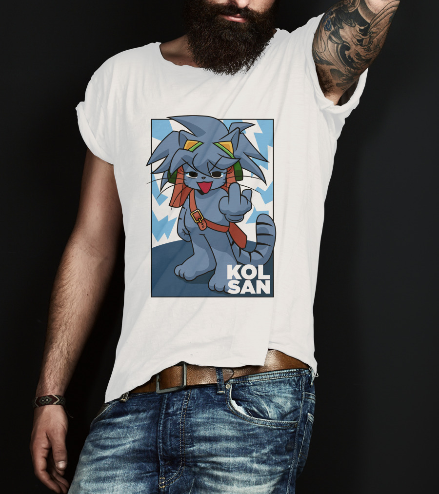 Kolsan Attitude Blue Cat Character With Lightning Bolt Background T-Shirt