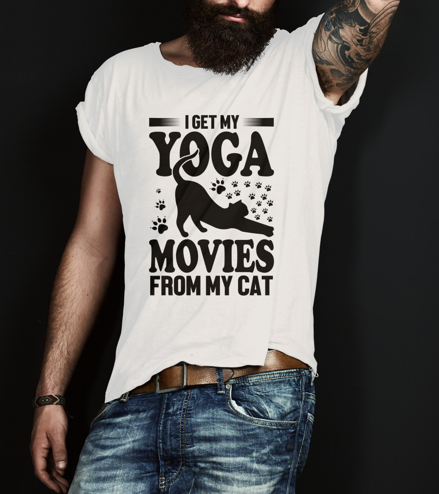 I Get My Yoga Moves And Inspiration From My Cat With Paw Prints And Stretching Cat T-Shirt