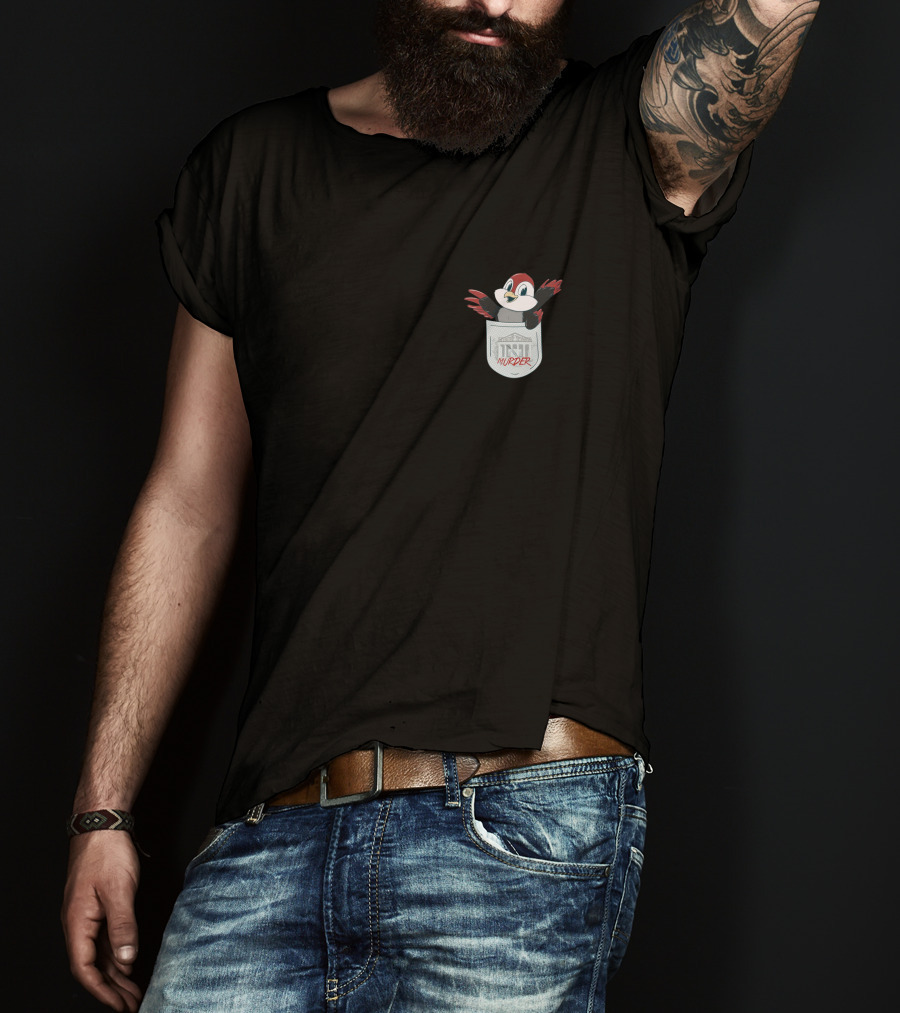 Pocket Robin Cartoon With Murder Text And Small Town House T-Shirt