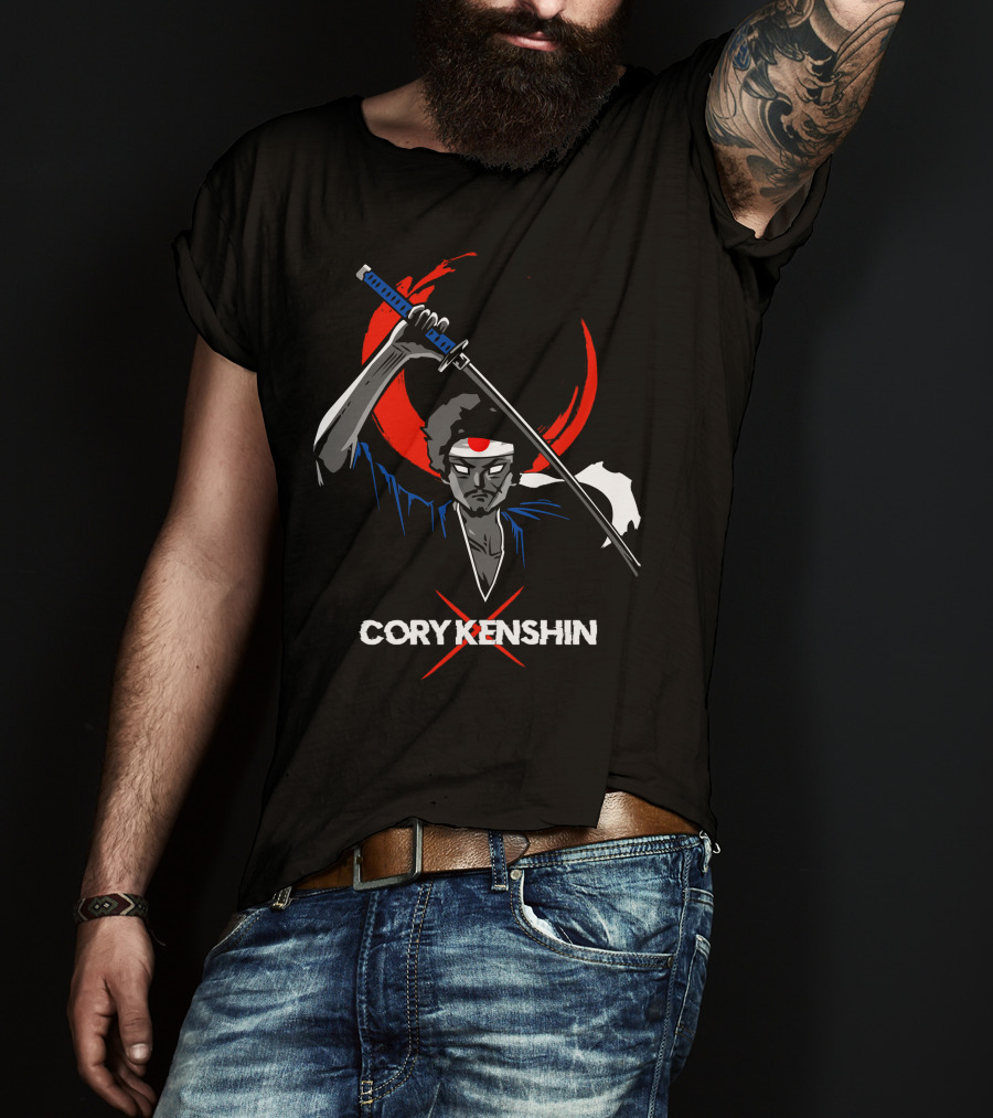 CoryxKenshin Samurai With Sword In Blue Kimono And Red Crescent Background T-Shirt