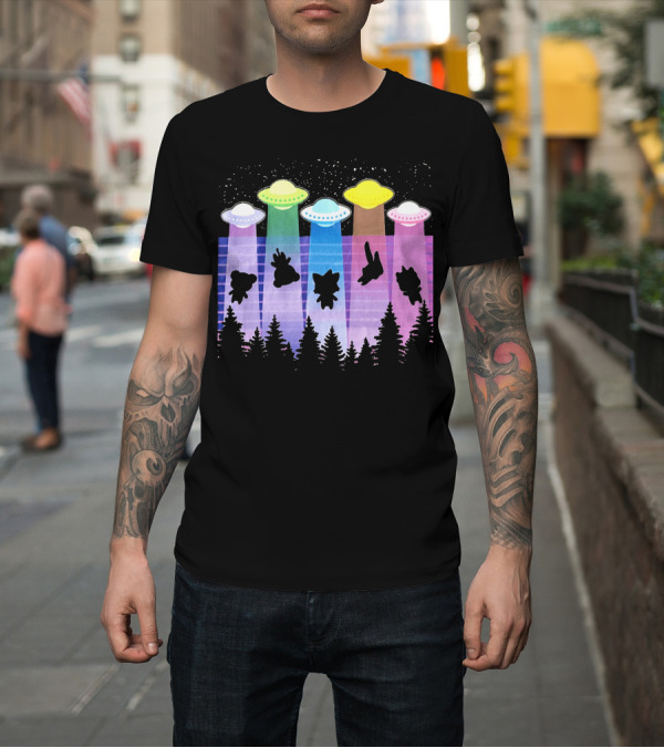 Shirt: krewdistrict Flying Saucers Alien Abduction Cartoon Silhouettes Forest Scene T-Shirt krewdistrict Flying Saucers Alien Abduction Cartoon Silhouettes Forest Scene T-Shirt