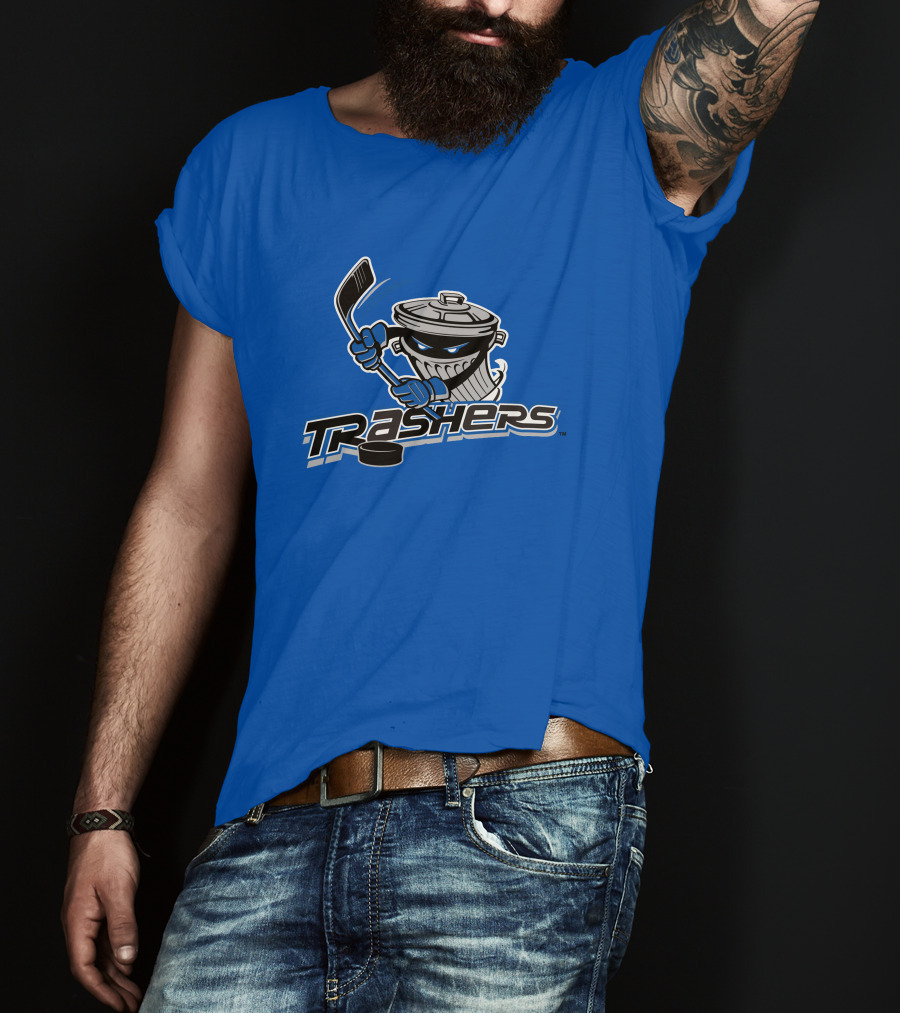 Danbury Trashers Blue Logo Hockey Trash Can Mascot T-Shirt