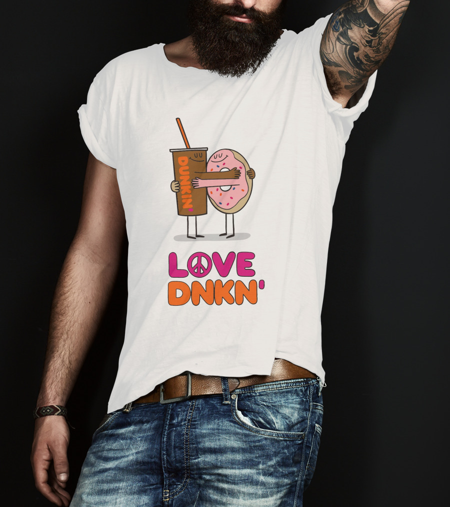 Love Peace Dunkin' Hugging Cartoon Donut And Coffee T-Shirt