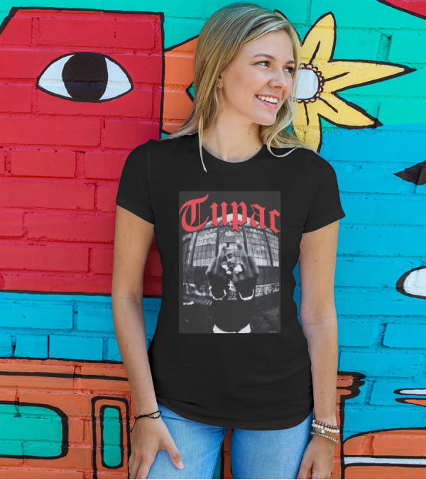 Tupac Front View Gesture Red Gothic Text T-Shirt