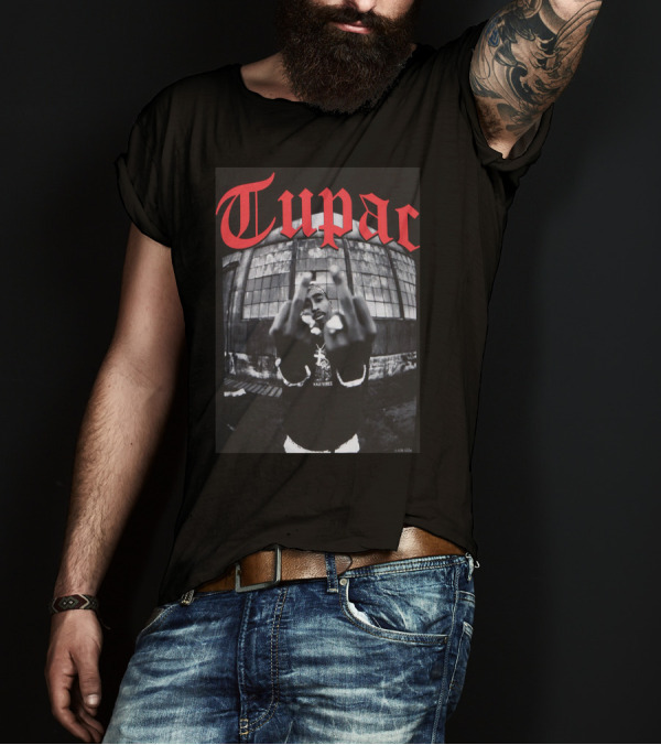 Tupac Front View Gesture Red Gothic Text T-Shirt