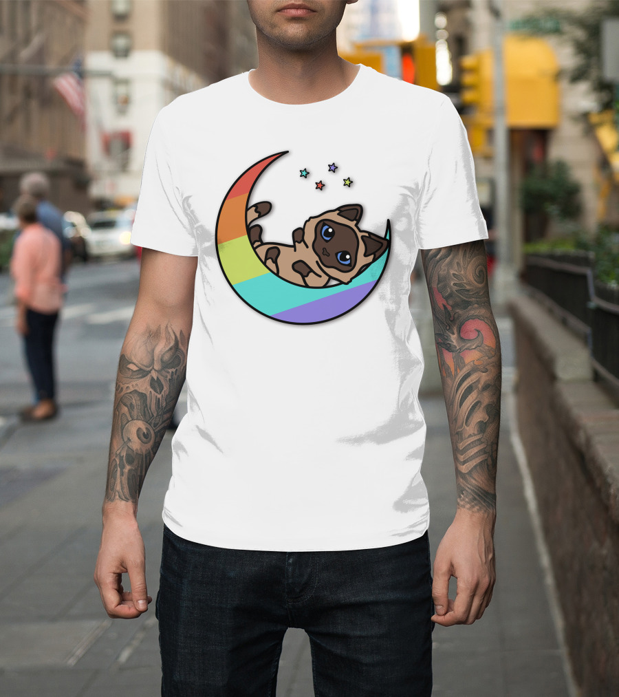 Antfrost Cat On Rainbow Crescent With Stars T-Shirt