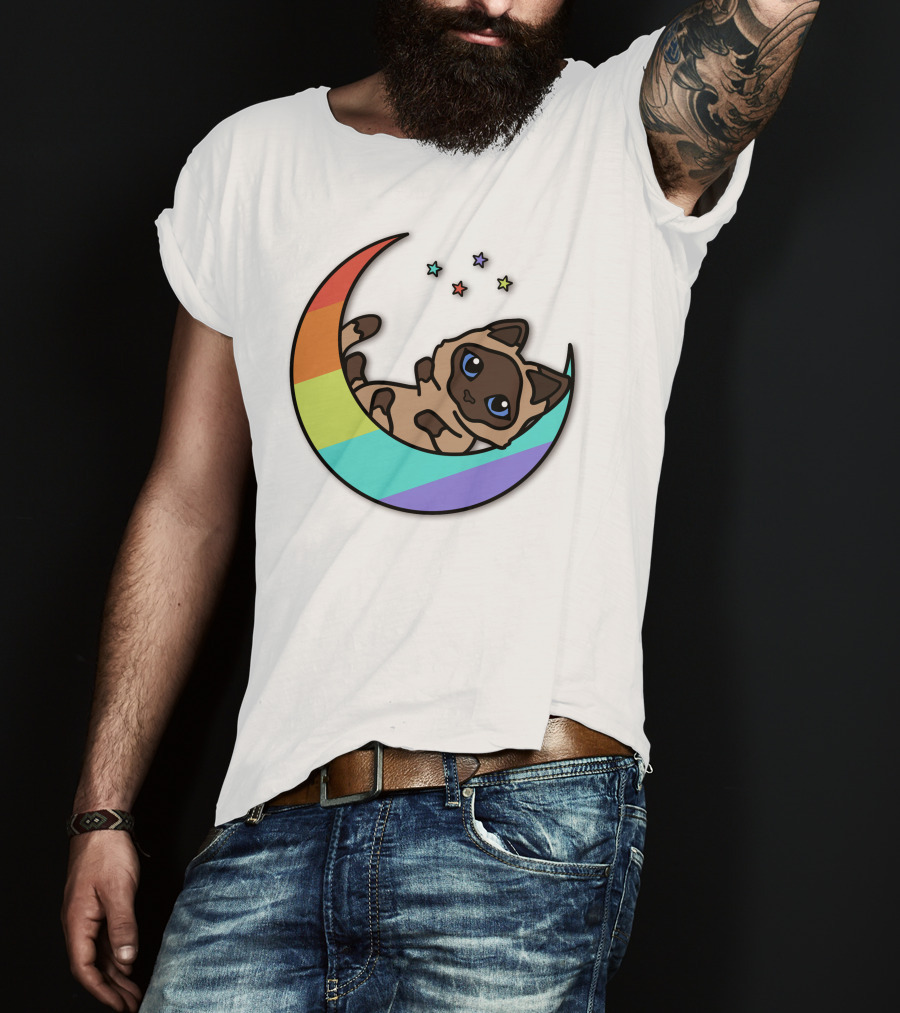 Antfrost Cat On Rainbow Crescent With Stars T-Shirt