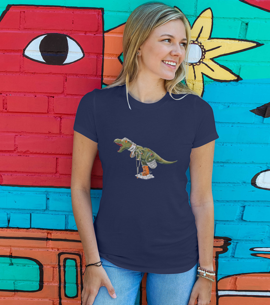 Rexy Injured Hero Dinosaur With Bandages And Crutches T-Shirt