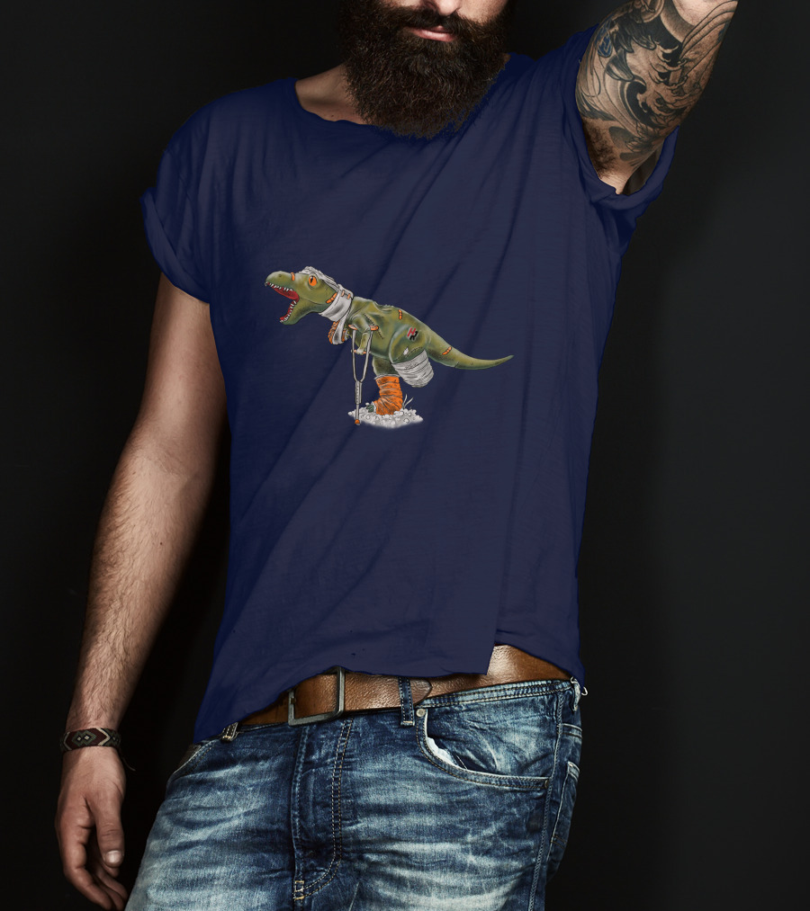 Rexy Injured Hero Dinosaur With Bandages And Crutches T-Shirt
