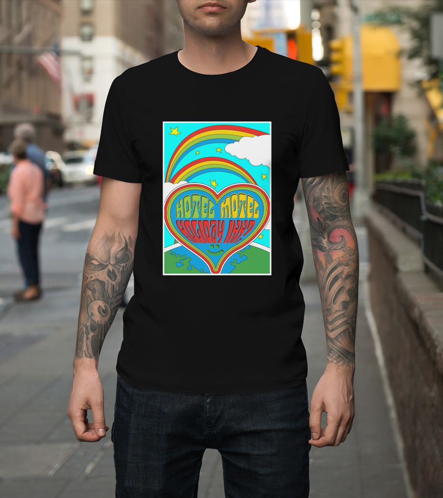 Sarahbaska Hotel Motel Holiday 1973 Rainbow Earth Heart T-Shirt