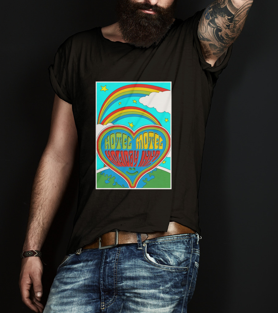 Sarahbaska Hotel Motel Holiday 1973 Rainbow Earth Heart T-Shirt