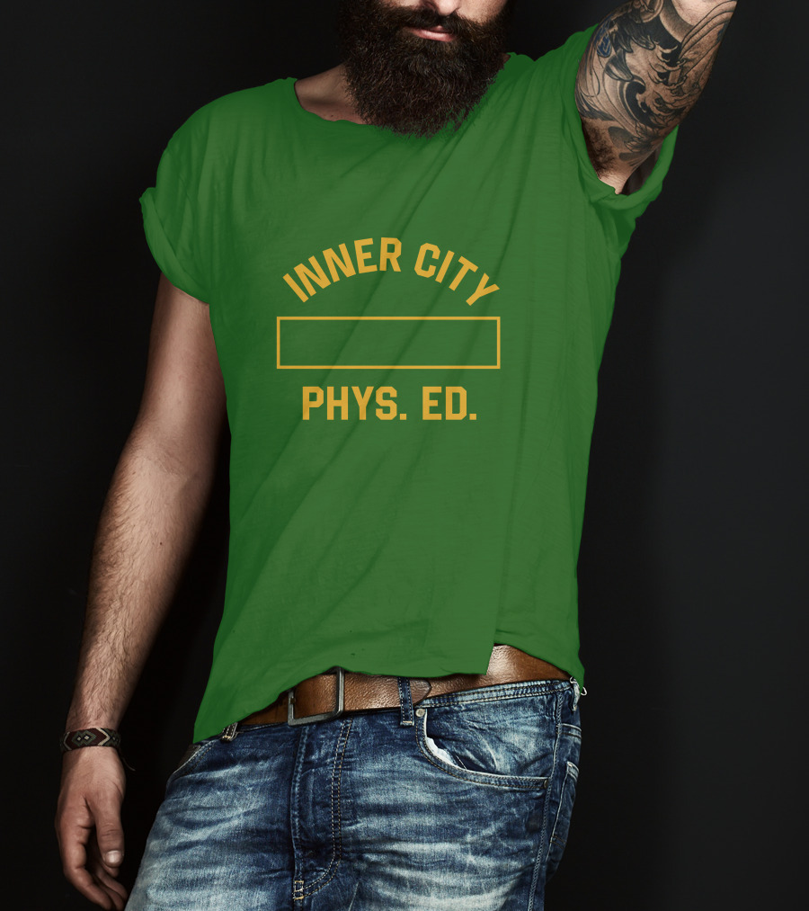 Inner City Phys Ed Green Yellow Block Letters T-Shirt