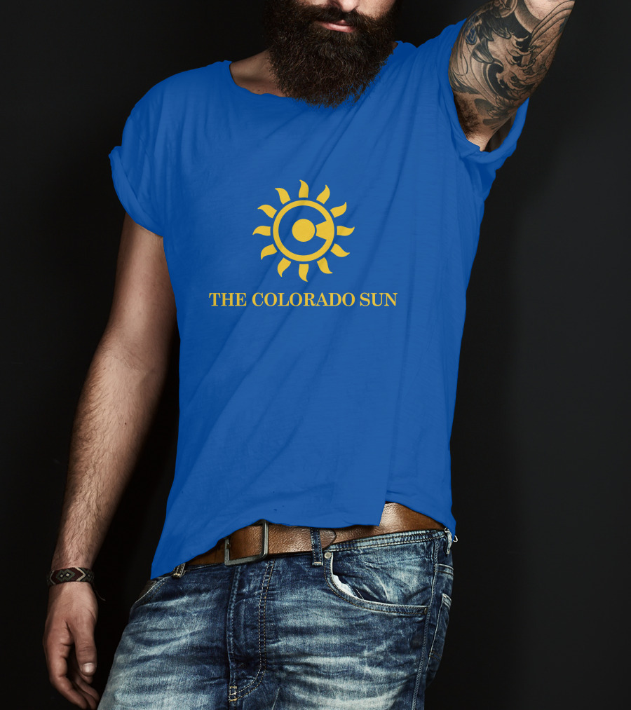 The Colorado Sun Merch Colorado Sun Logo Yellow Sunburst Blue Background T-Shirt