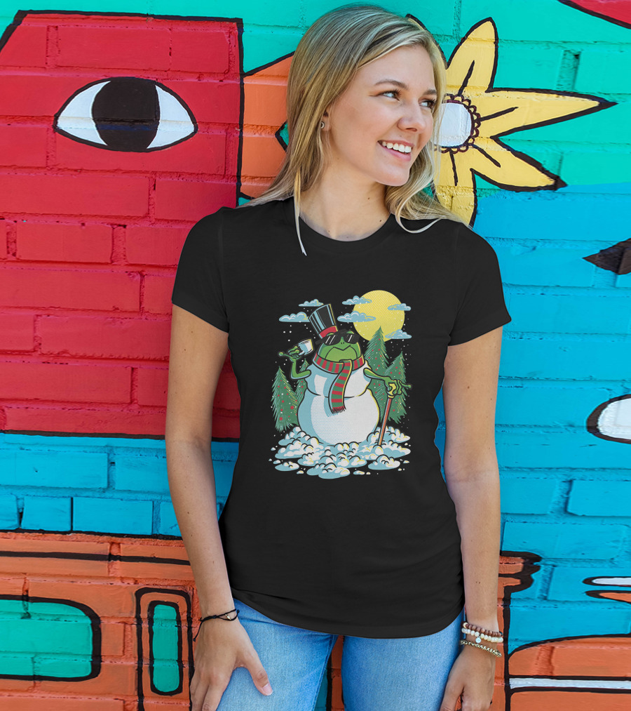 BoomerNA Merch BoomerNA Snowfrog Frog Snowman Christmas Tree Top Hat Cane T-Shirt