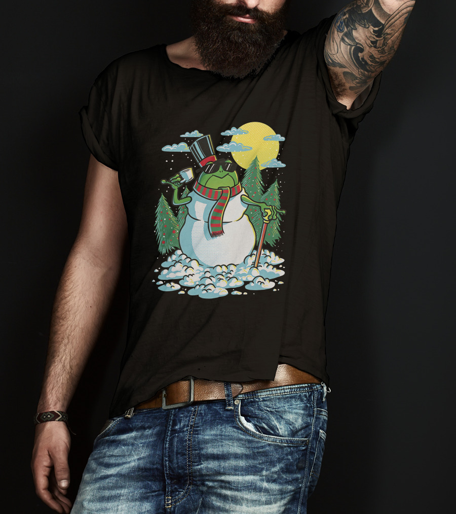 BoomerNA Merch BoomerNA Snowfrog Frog Snowman Christmas Tree Top Hat Cane T-Shirt