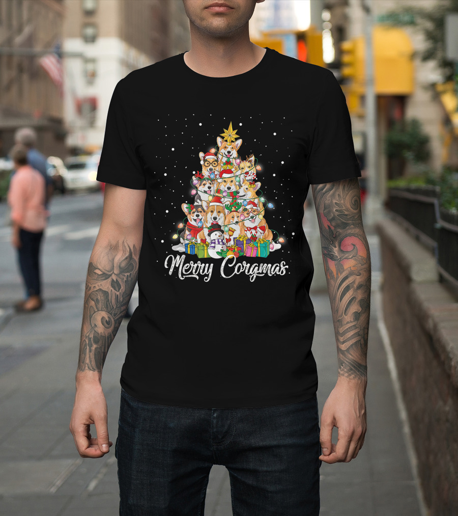 Merry Corgmas Corgi Christmas Tree Dog Gifts Snowman Star Lights T-Shirt