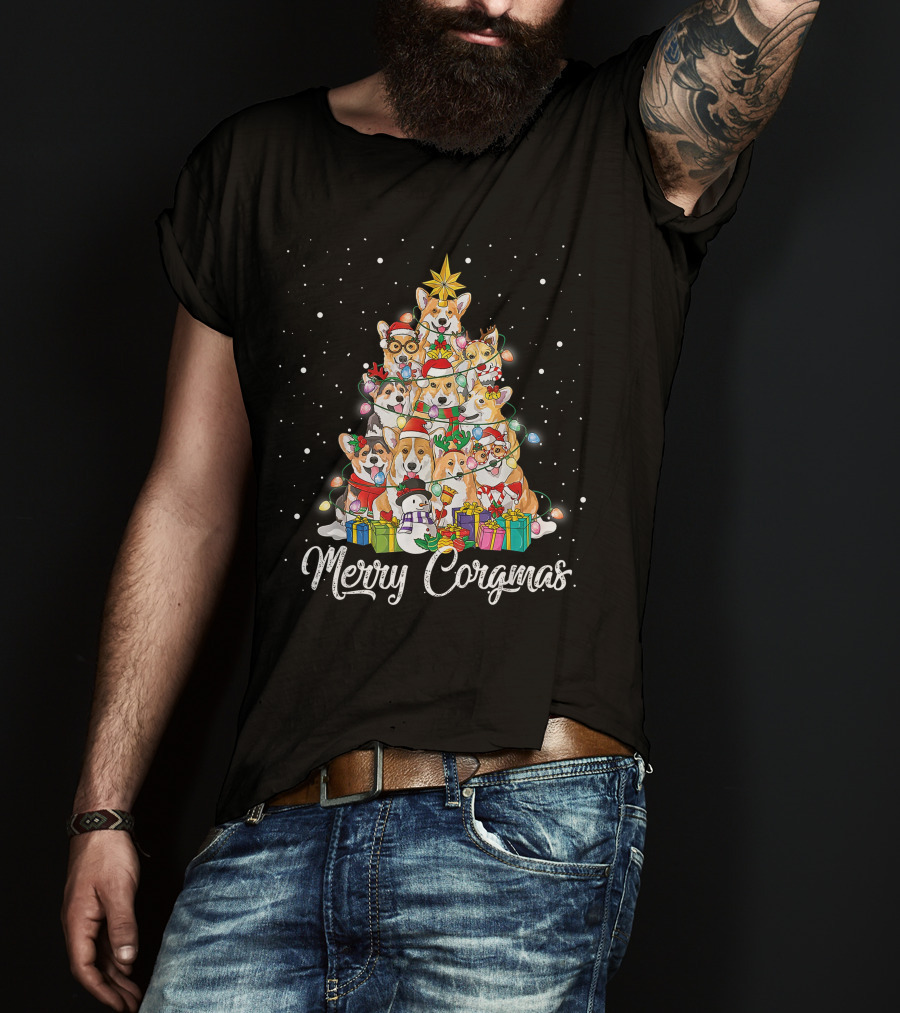 Merry Corgmas Corgi Christmas Tree Dog Gifts Snowman Star Lights T-Shirt