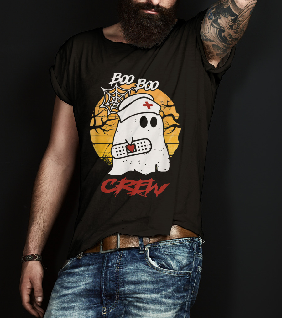 Boo Boo Nurse Ghost With Bandage And Spider Web Halloween Crew T-Shirt