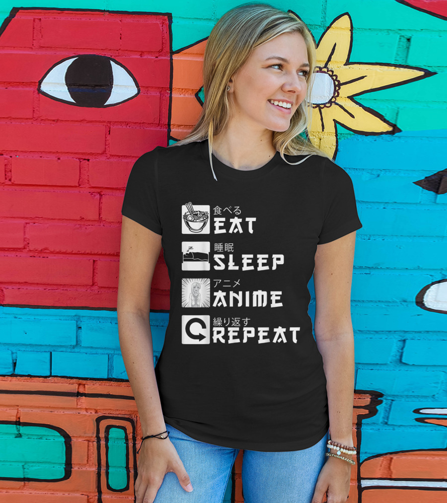 Eat Sleep Anime Repeat Japanese Manga Cosplay Bowl Zzzz Girl Arrows T-Shirt