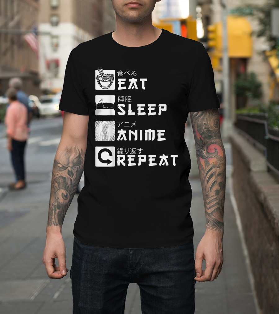 Eat Sleep Anime Repeat Japanese Manga Cosplay Bowl Zzzz Girl Arrows T-Shirt