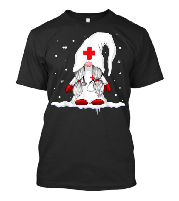 Gnome Nurse With Stethoscope And Red Cross Winter Scene T-Shirt