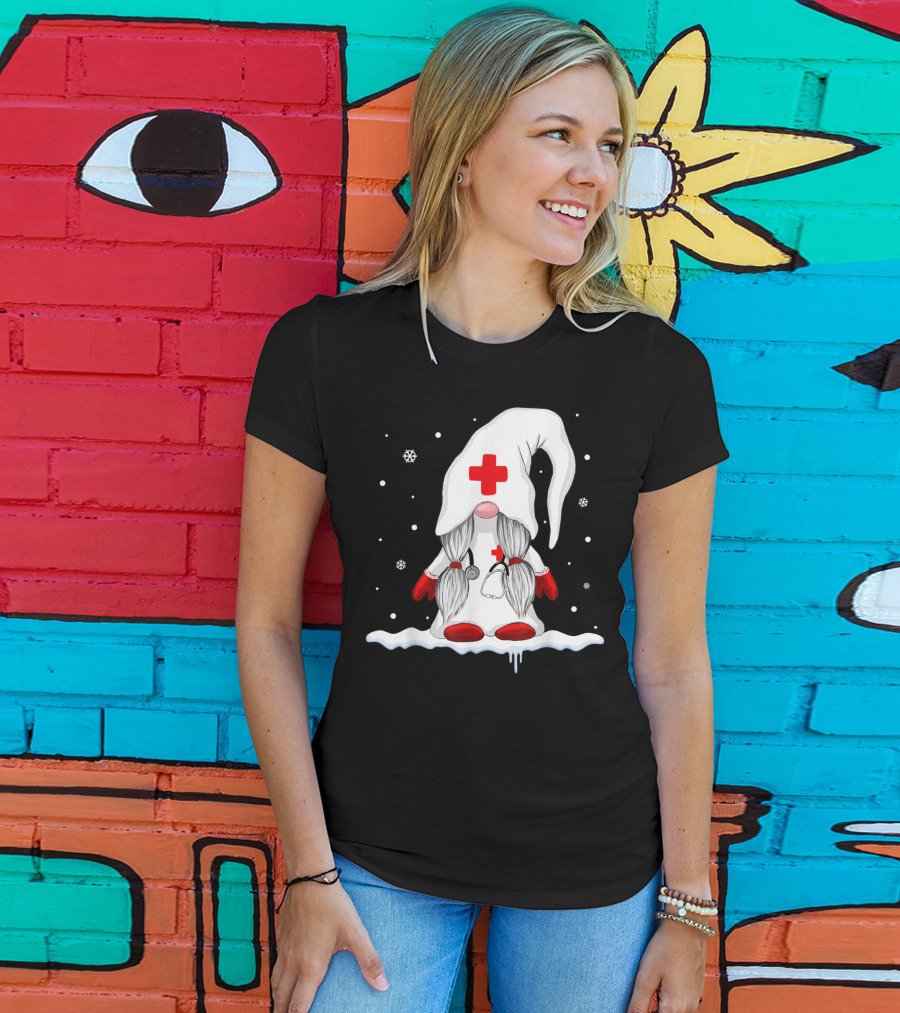 Gnome Nurse With Stethoscope And Red Cross Winter Scene T-Shirt
