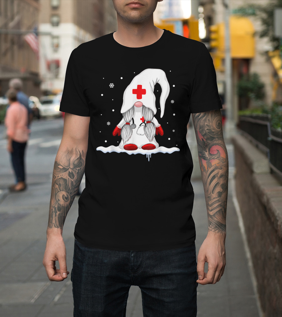 Gnome Nurse With Stethoscope And Red Cross Winter Scene T-Shirt