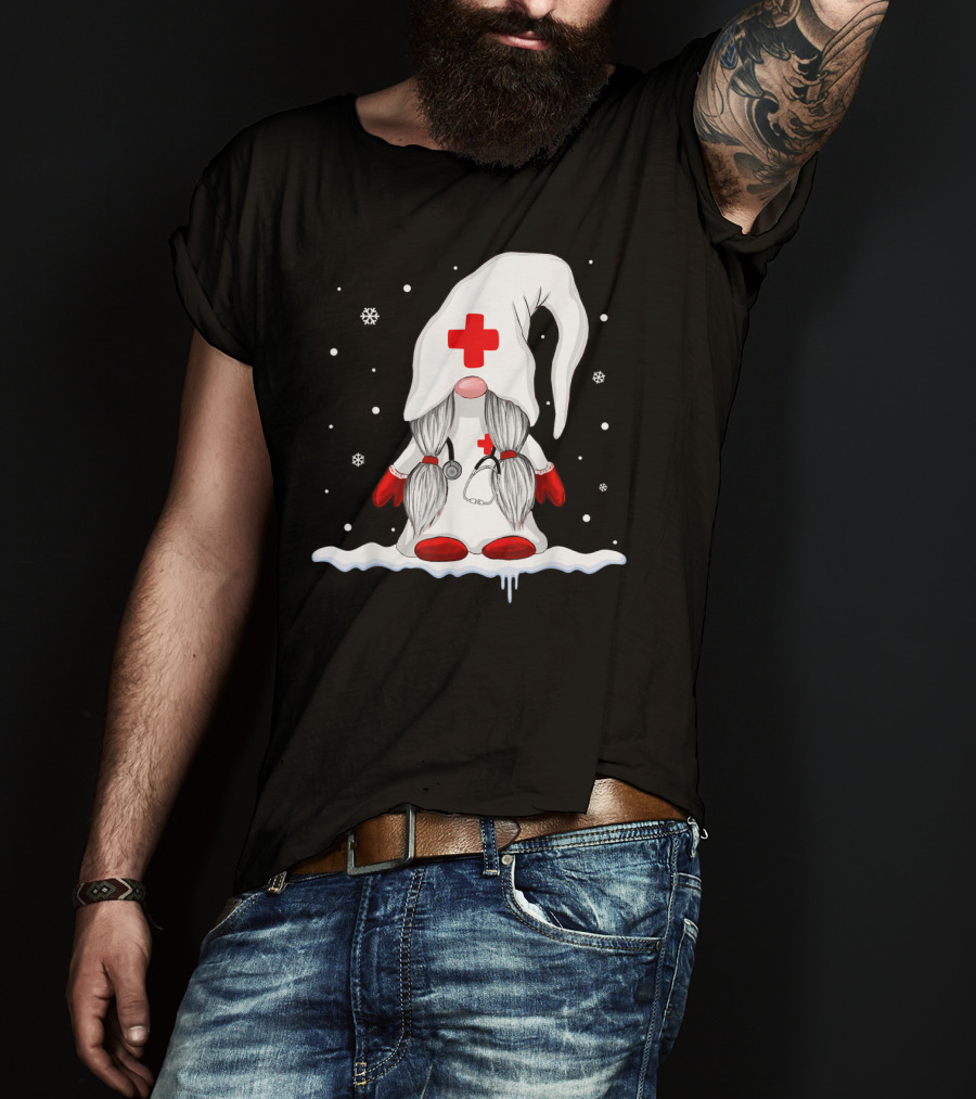 Gnome Nurse With Stethoscope And Red Cross Winter Scene T-Shirt