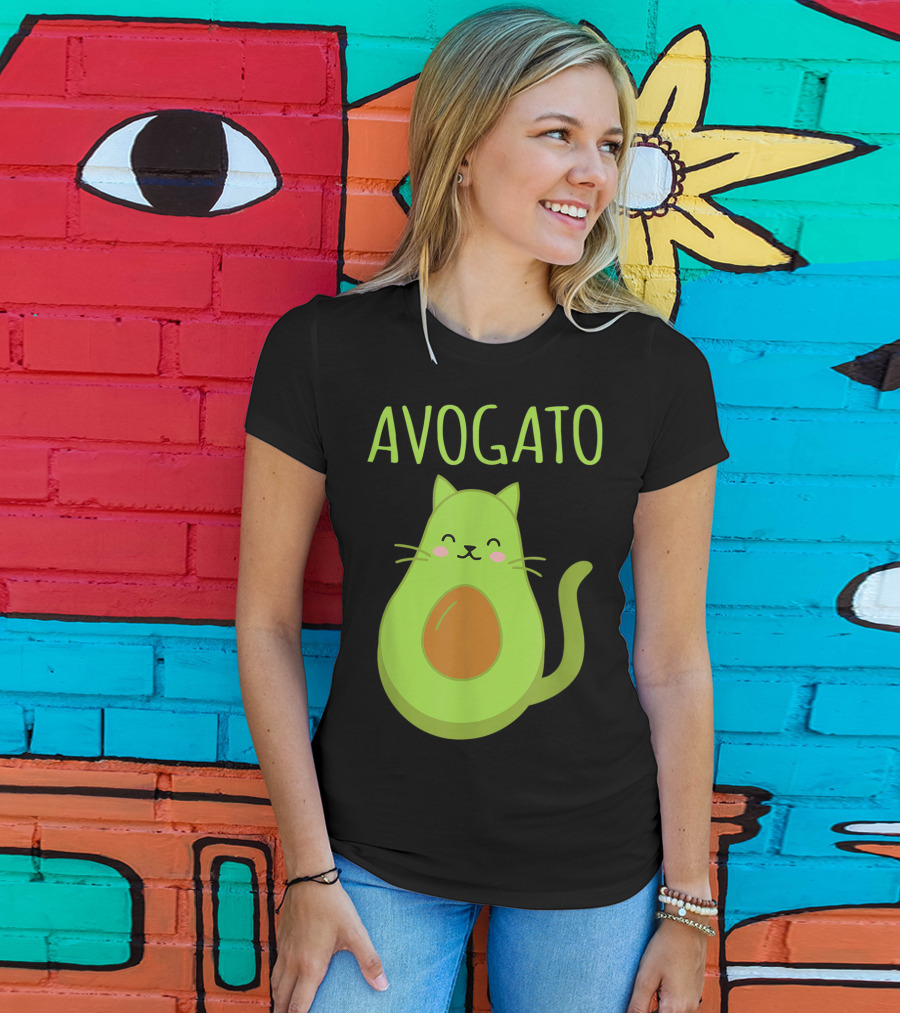 Avogato Cute Happy Cat Avocado T-Shirt