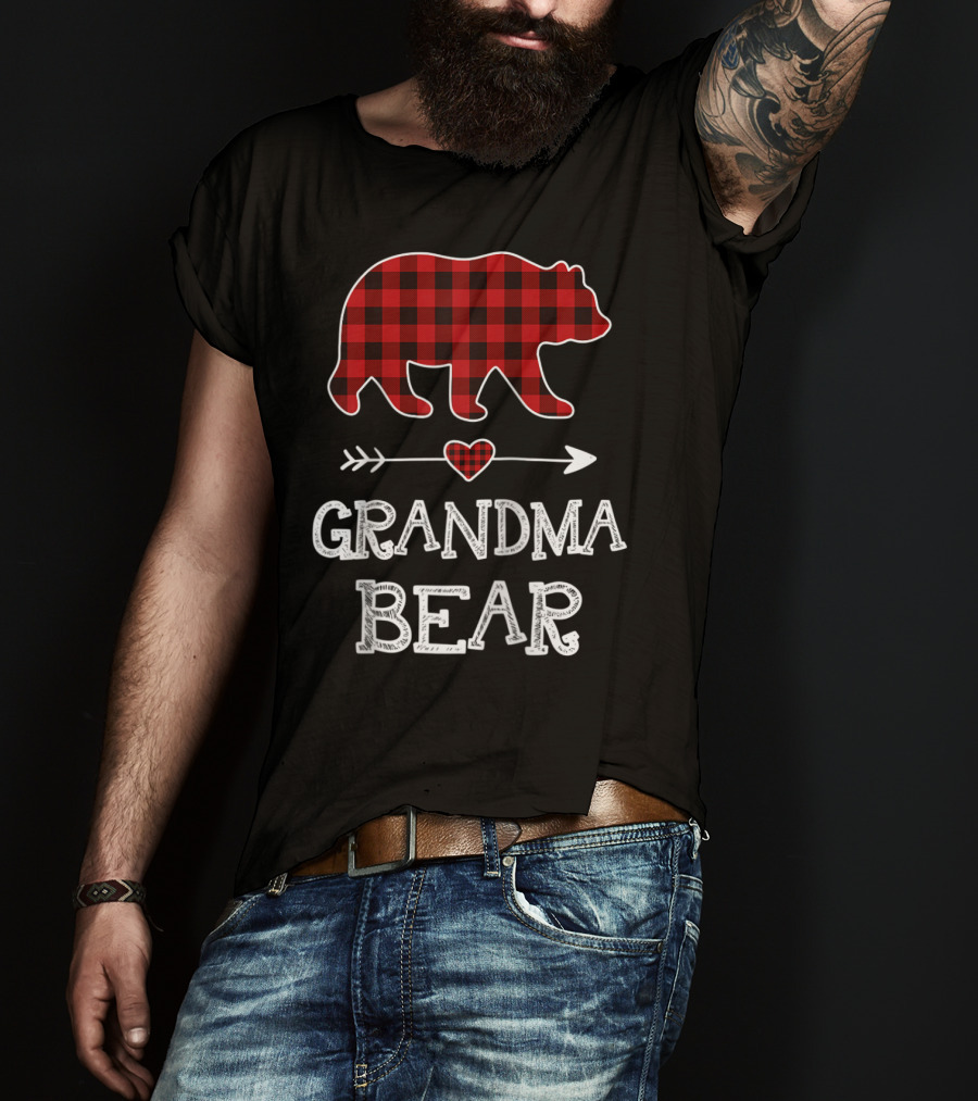 Grandma Bear Christmas Buffalo Plaid Raglan Baseball T-Shirt