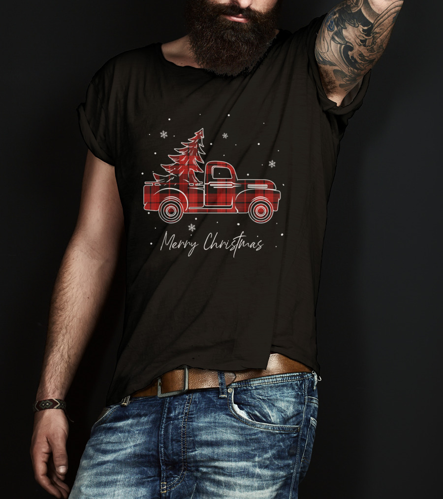 Merry Christmas Buffalo Plaid Red Truck Christmas Tree T-Shirt