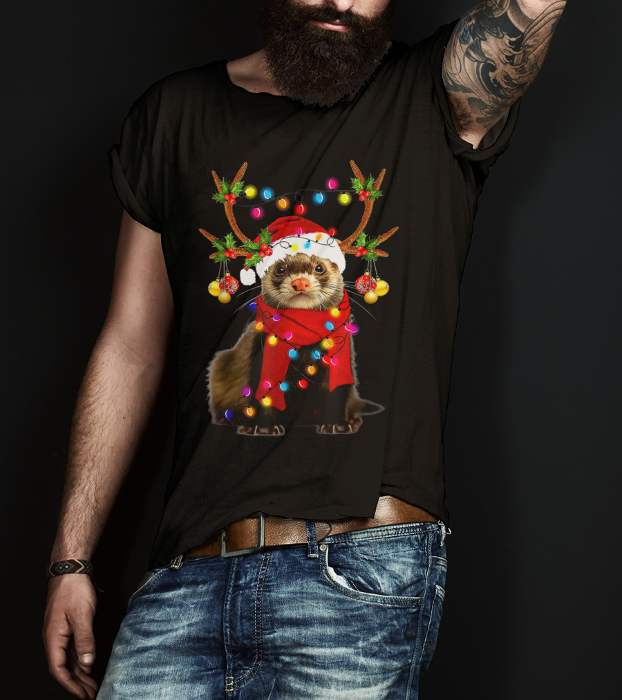 Ferret Santa Reindeer Christmas Lights T-Shirt