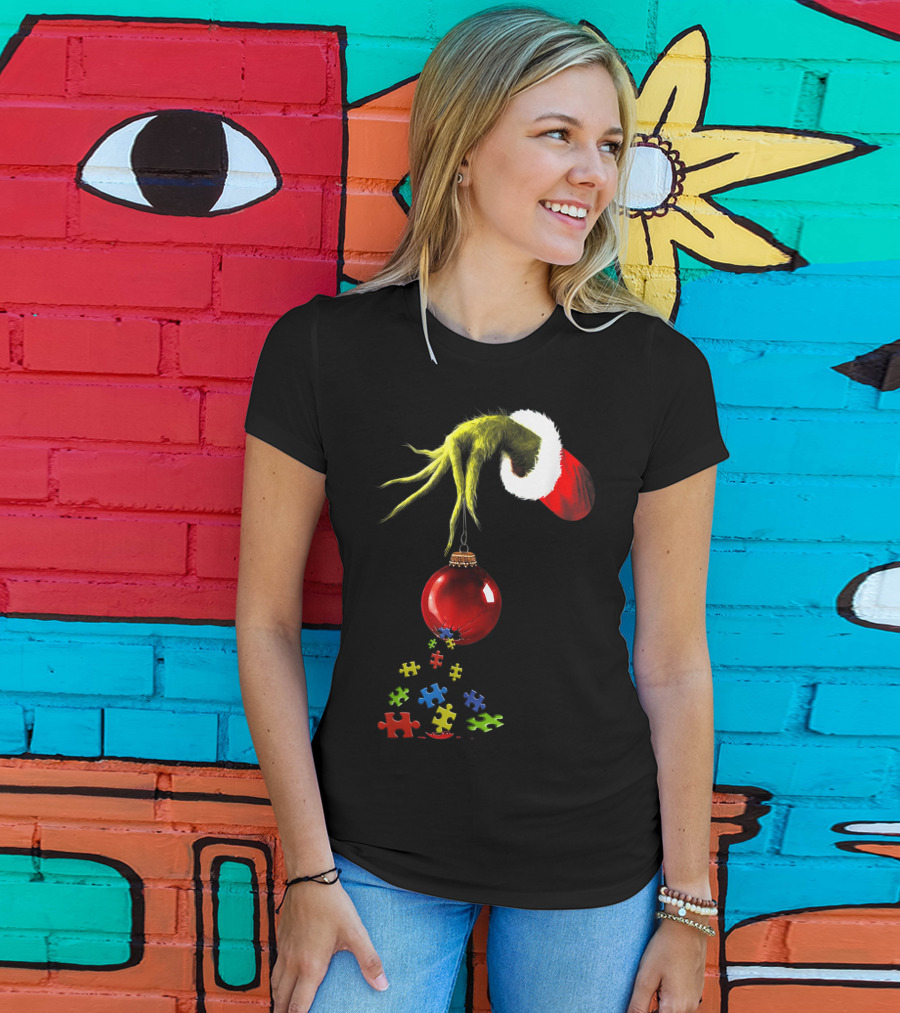 Grinch Hand Holding Red Ornament With Autism Puzzle Pieces T-Shirt